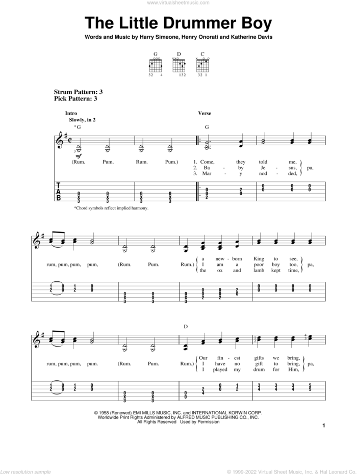 The Little Drummer Boy sheet music for guitar solo (easy tablature) by Katherine Davis, easy guitar (easy tablature)