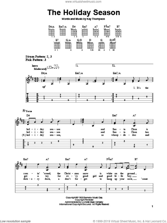The Holiday Season sheet music for guitar solo (easy tablature) by Kay Thompson, easy guitar (easy tablature)