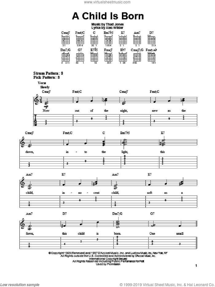 A Child Is Born sheet music for guitar solo (easy tablature) by Thad Jones and Alec Wilder, easy guitar (easy tablature)