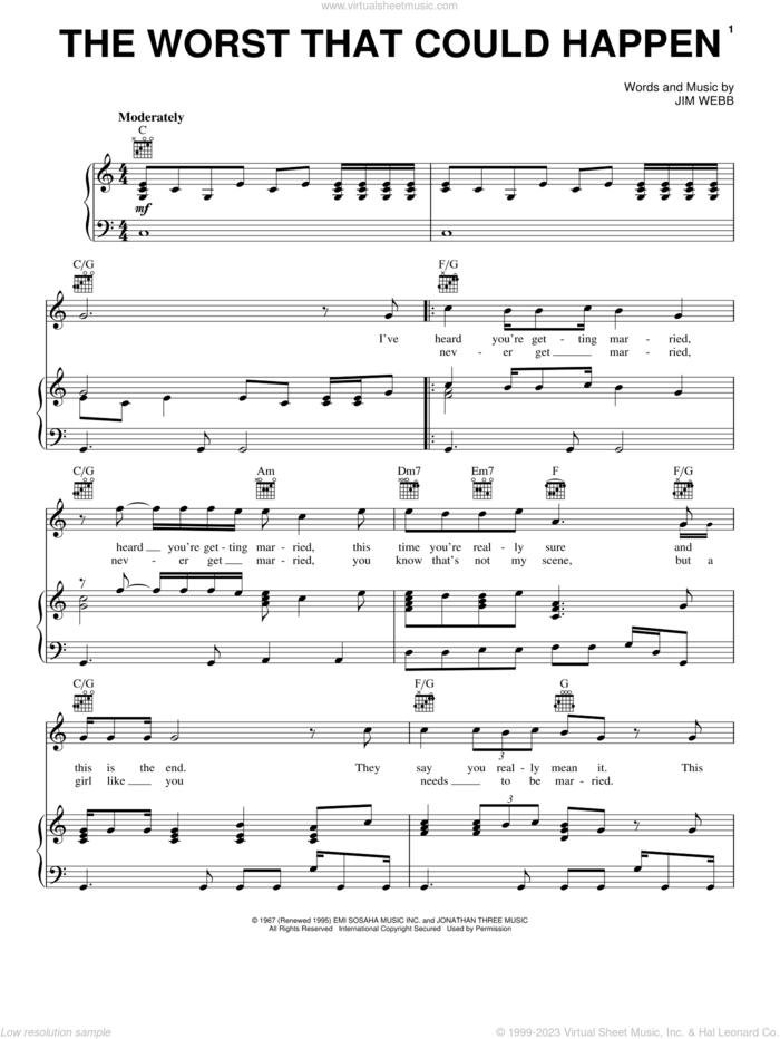 The Worst That Could Happen sheet music for voice, piano or guitar by Jimmy Webb, intermediate skill level