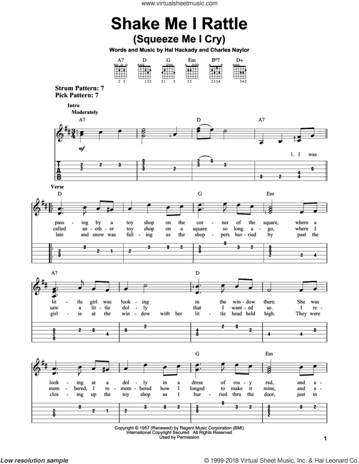 Shake Me I Rattle (Squeeze Me I Cry) sheet music for guitar solo (easy tablature) by Charles Naylor and Hal Clayton Hackady, easy guitar (easy tablature)