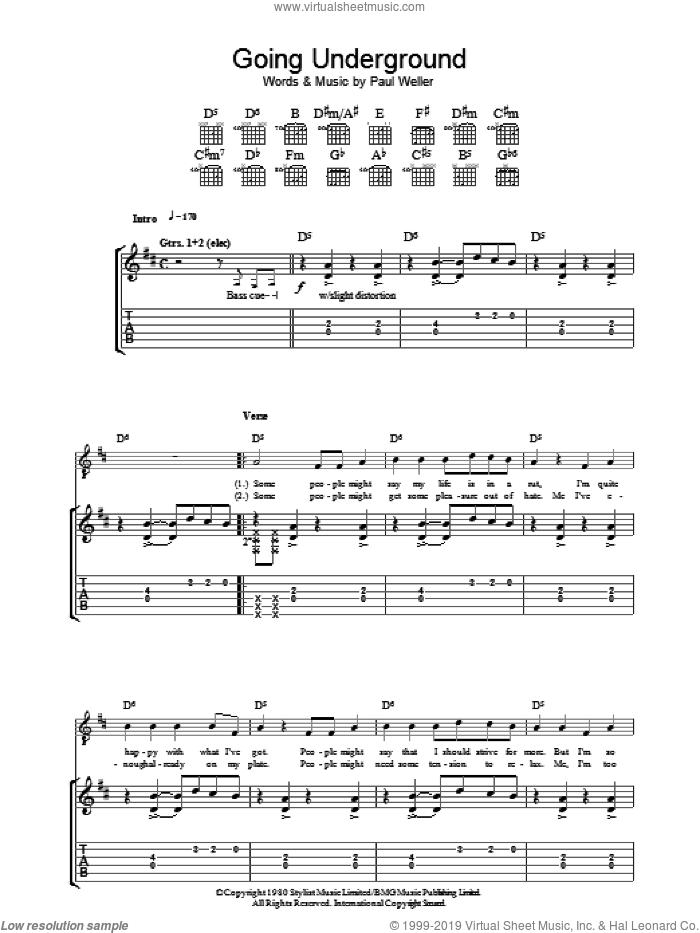 Going Underground sheet music for guitar (tablature) by The Jam and Paul Weller, intermediate skill level
