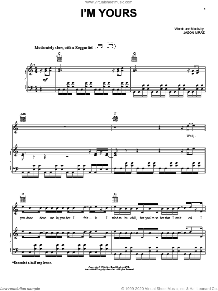 I'm Yours sheet music for voice, piano or guitar by Jason Mraz, intermediate skill level