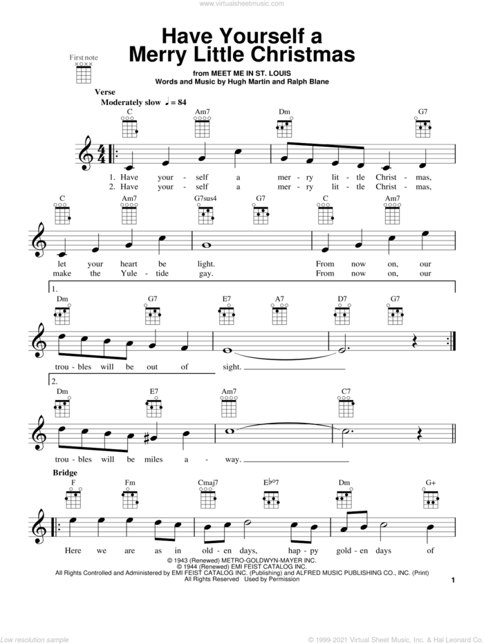 Have Yourself A Merry Little Christmas sheet music for ukulele by Hugh Martin and Ralph Blane, intermediate skill level