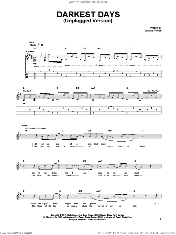 Darkest Days (Unplugged Version) sheet music for guitar (tablature) by Black Label Society and Zakk Wylde, intermediate skill level