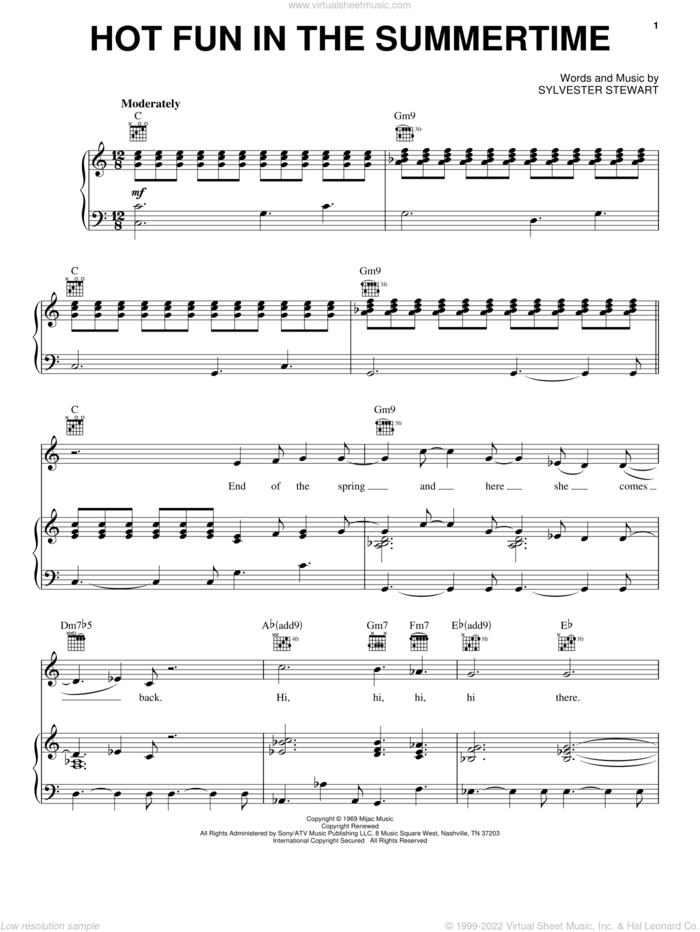 Hot Fun In The Summertime sheet music for voice, piano or guitar by Sly & The Family Stone and Sylvester Stewart, intermediate skill level