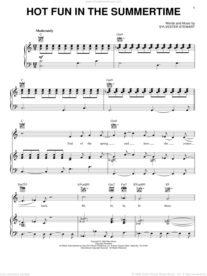 Hot Fun In The Summertime sheet music for voice, piano or guitar by Sly & The Family Stone and Sylvester Stewart, intermediate skill level