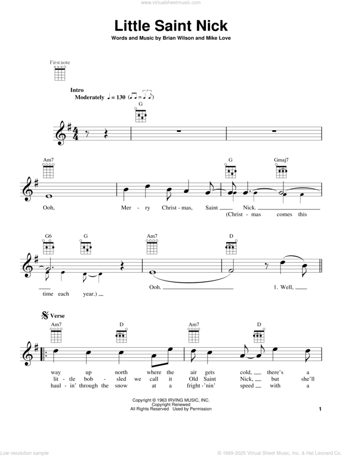 Little Saint Nick sheet music for ukulele by The Beach Boys, Brian Wilson and Mike Love, intermediate skill level