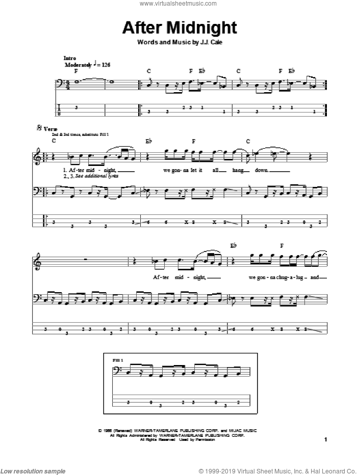 After Midnight sheet music for bass (tablature) (bass guitar) by Eric Clapton and John Cale, intermediate skill level