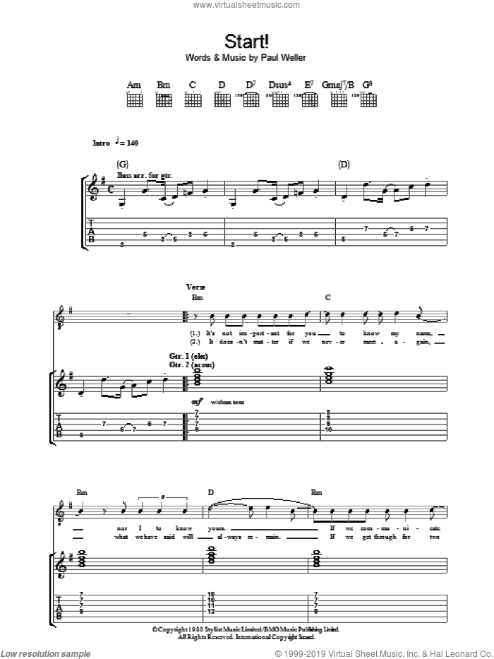 Start! sheet music for guitar (tablature) by The Jam and Paul Weller, intermediate skill level