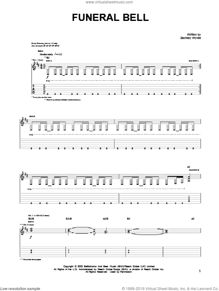 Funeral Bell sheet music for guitar (tablature) by Black Label Society and Zakk Wylde, intermediate skill level