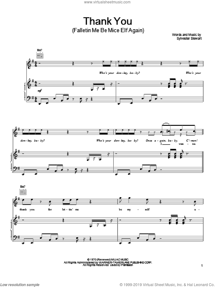 Thank You (Falletin Me Be Mice Elf Again) sheet music for voice, piano or guitar by Sly & The Family Stone and Sylvester Stewart, intermediate skill level