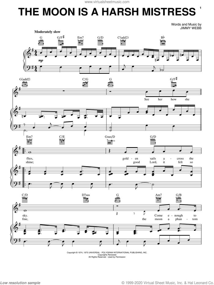 The Moon Is A Harsh Mistress sheet music for voice, piano or guitar by Jimmy Webb, intermediate skill level
