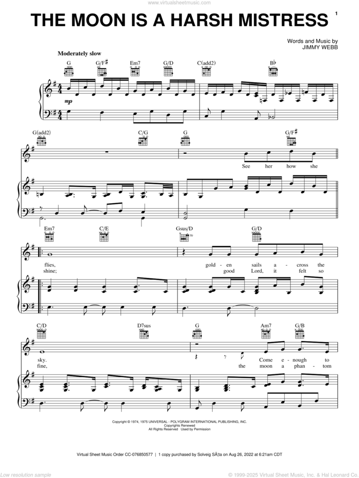 The Moon Is A Harsh Mistress sheet music for voice, piano or guitar by Jimmy Webb, intermediate skill level