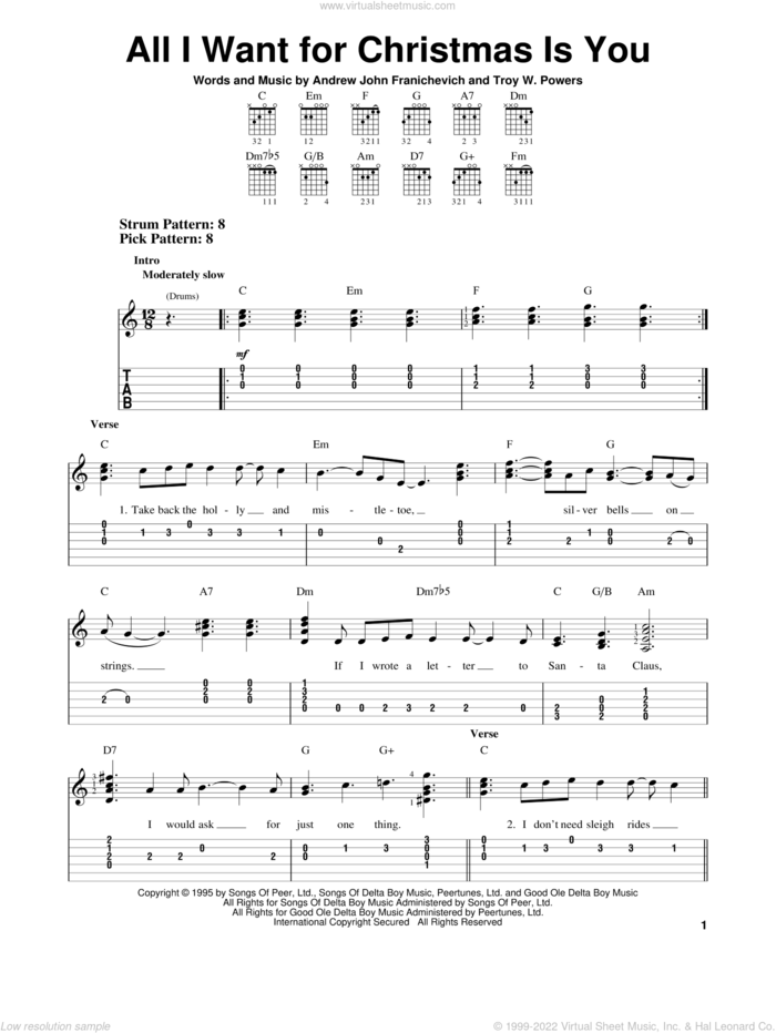 All I Want For Christmas Is You sheet music for guitar solo (easy tablature) by Andrew John Franichevich and Troy W. Powers, easy guitar (easy tablature)