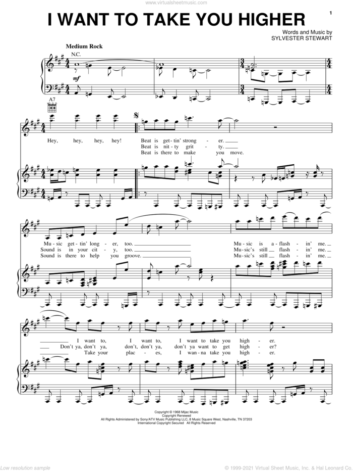 I Want To Take You Higher sheet music for voice, piano or guitar by Sly & The Family Stone and Sylvester Stewart, intermediate skill level