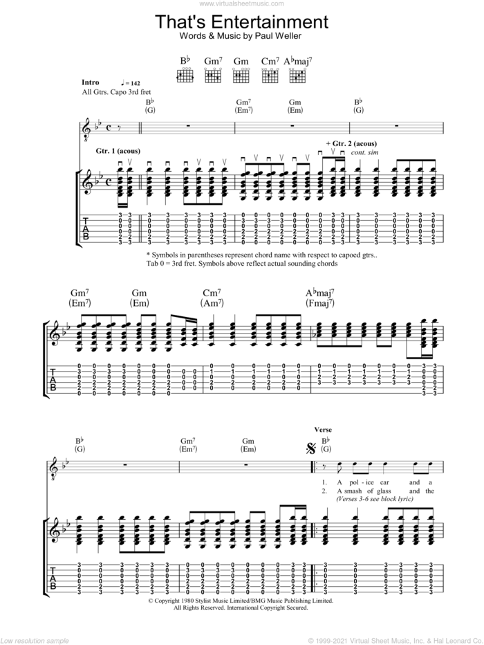 That's Entertainment sheet music for guitar (tablature) by The Jam and Paul Weller, intermediate skill level