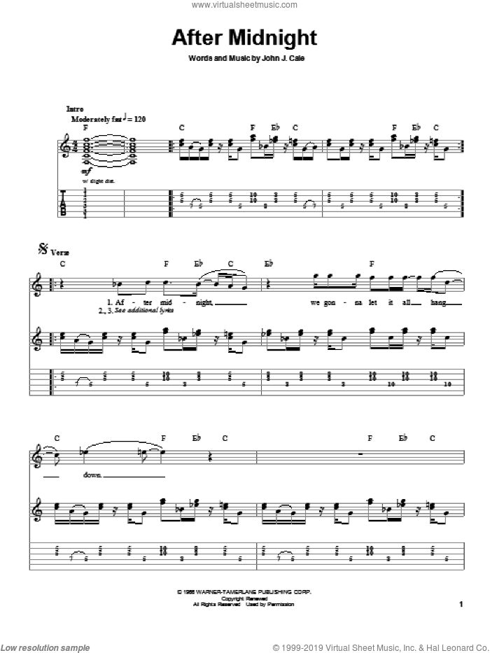 After Midnight sheet music for guitar (tablature, play-along) by Eric Clapton and John Cale, intermediate skill level
