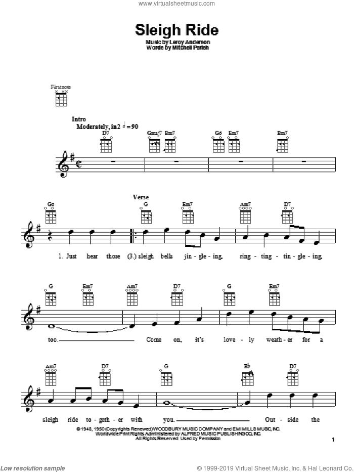 Sleigh Ride (arr. Fred Sokolow) sheet music for ukulele by Leroy Anderson and Mitchell Parish, intermediate skill level