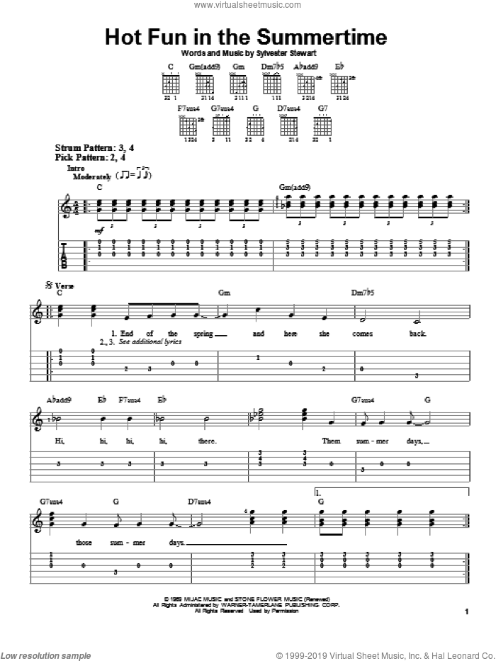 Hot Fun In The Summertime sheet music for guitar solo (easy tablature) by Sly & The Family Stone and Sylvester Stewart, easy guitar (easy tablature)