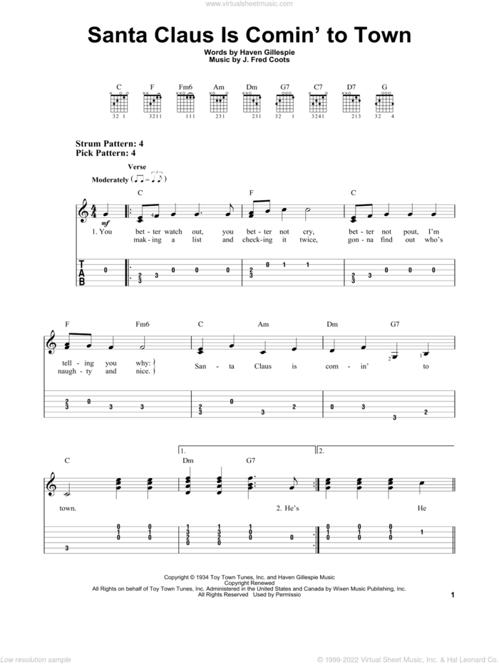 Santa Claus Is Comin' To Town (arr. Mark Phillips) sheet music for guitar solo (easy tablature) by Haven Gillespie and J. Fred Coots, easy guitar (easy tablature)