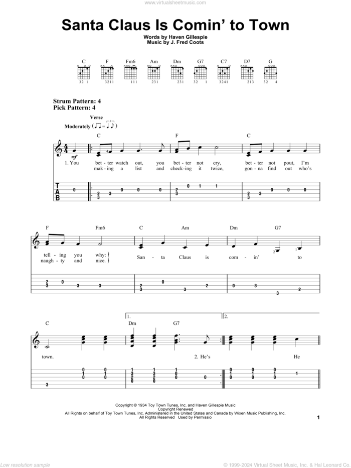 Santa Claus Is Comin' To Town (arr. Mark Phillips) sheet music for guitar solo (easy tablature) by Haven Gillespie and J. Fred Coots, easy guitar (easy tablature)