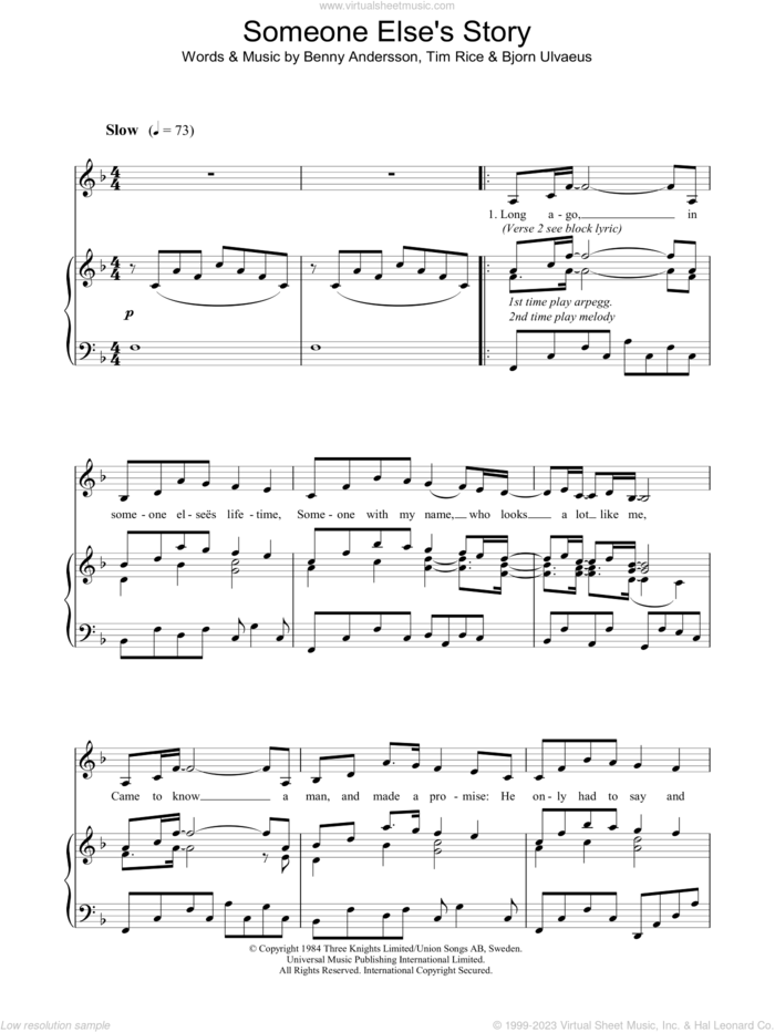 Someone Else's Story sheet music for voice and piano by Tim Rice, Chess (Musical), Benny Andersson and Bjorn Ulvaeus, intermediate skill level