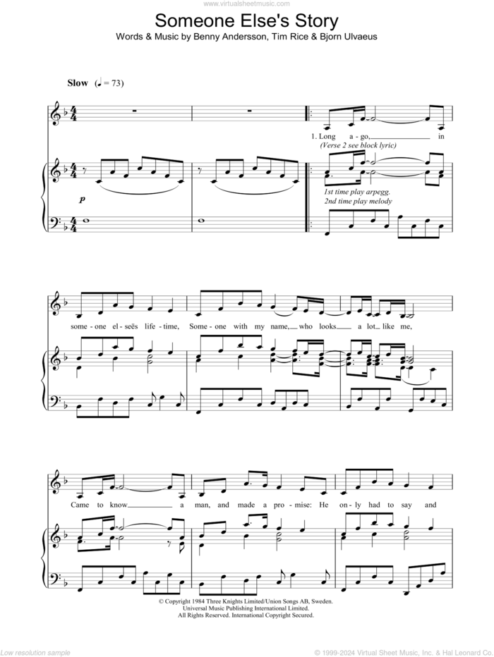 Someone Else's Story sheet music for voice and piano by Tim Rice, Chess (Musical), Benny Andersson and Bjorn Ulvaeus, intermediate skill level