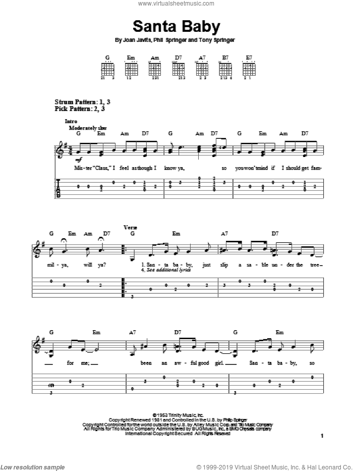 Santa Baby sheet music for guitar solo (easy tablature) by Phil Springer and Joan Javits, easy guitar (easy tablature)