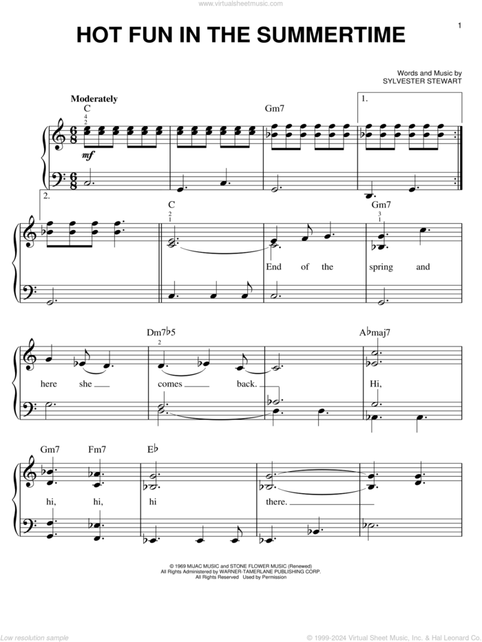 Hot Fun In The Summertime sheet music for piano solo by Sly & The Family Stone and Sylvester Stewart, easy skill level