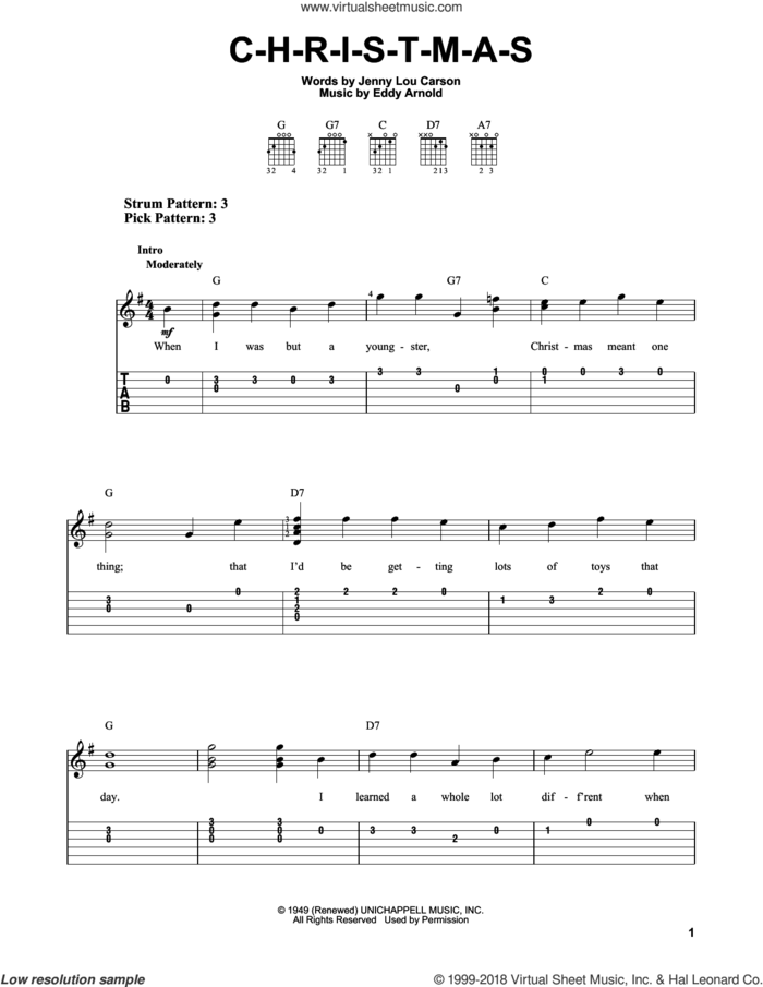 C-H-R-I-S-T-M-A-S sheet music for guitar solo (easy tablature) by Eddy Arnold and Jenny Lou Carson, easy guitar (easy tablature)