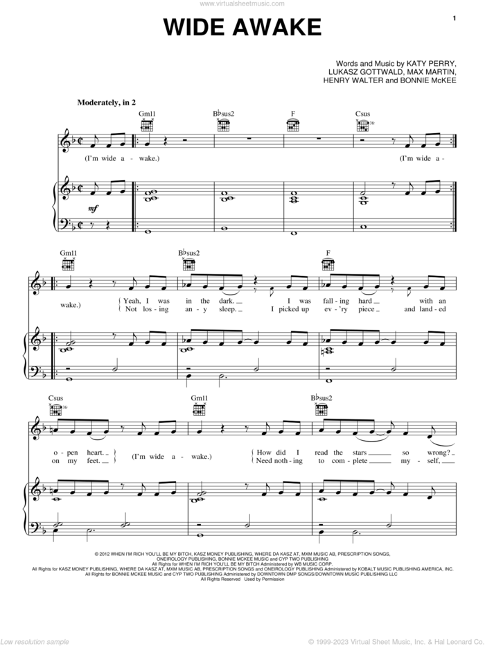 Wide Awake sheet music for voice, piano or guitar by Katy Perry, Bonnie McKee, Henry Walter, Lukasz Gottwald and Max Martin, intermediate skill level