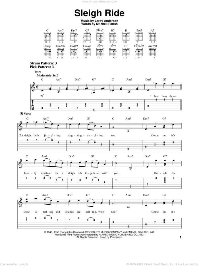Sleigh Ride sheet music for guitar solo (easy tablature) by Leroy Anderson and Mitchell Parish, easy guitar (easy tablature)