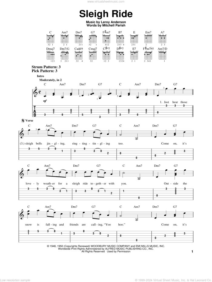 Sleigh Ride sheet music for guitar solo (easy tablature) by Leroy Anderson and Mitchell Parish, easy guitar (easy tablature)