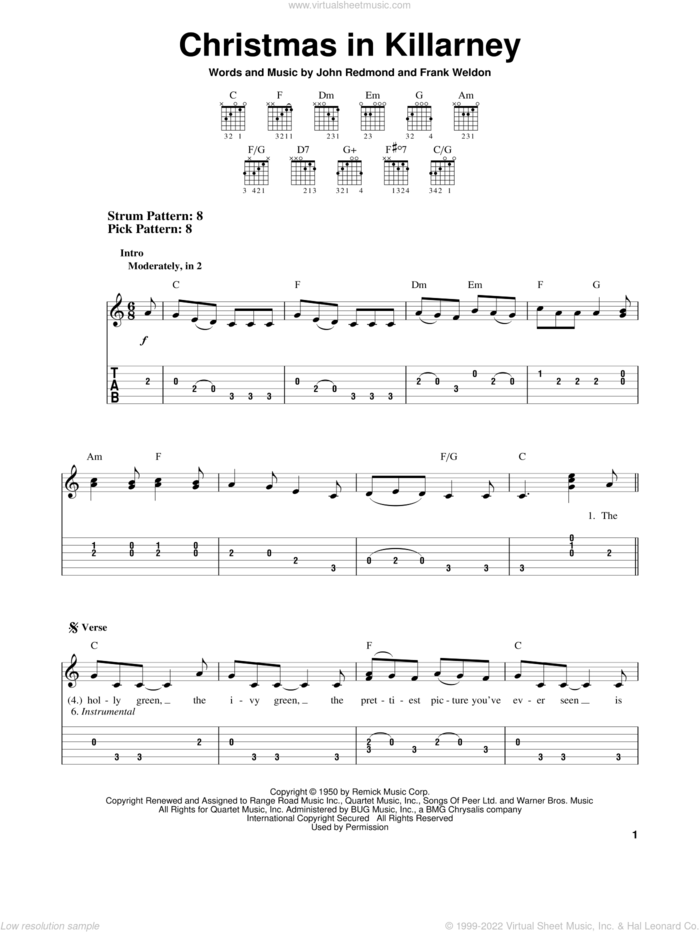 Christmas In Killarney sheet music for guitar solo (easy tablature) by Frank Weldon and John Redmond, easy guitar (easy tablature)