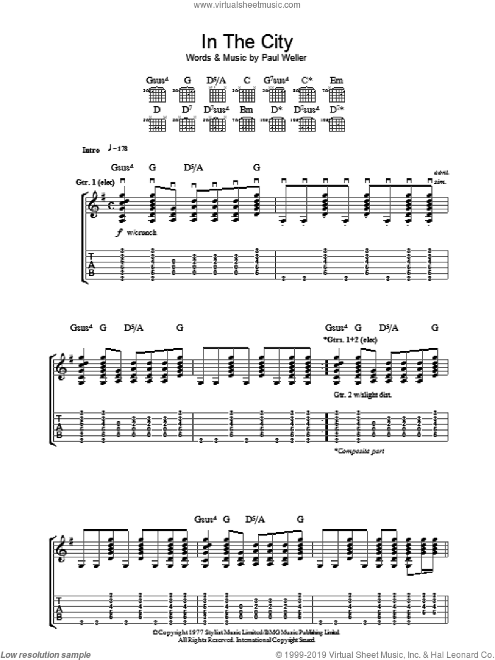 In The City sheet music for guitar (tablature) by The Jam and Paul Weller, intermediate skill level