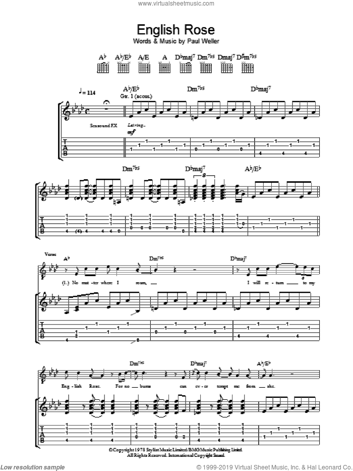 English Rose sheet music for guitar (tablature) by The Jam and Paul Weller, intermediate skill level