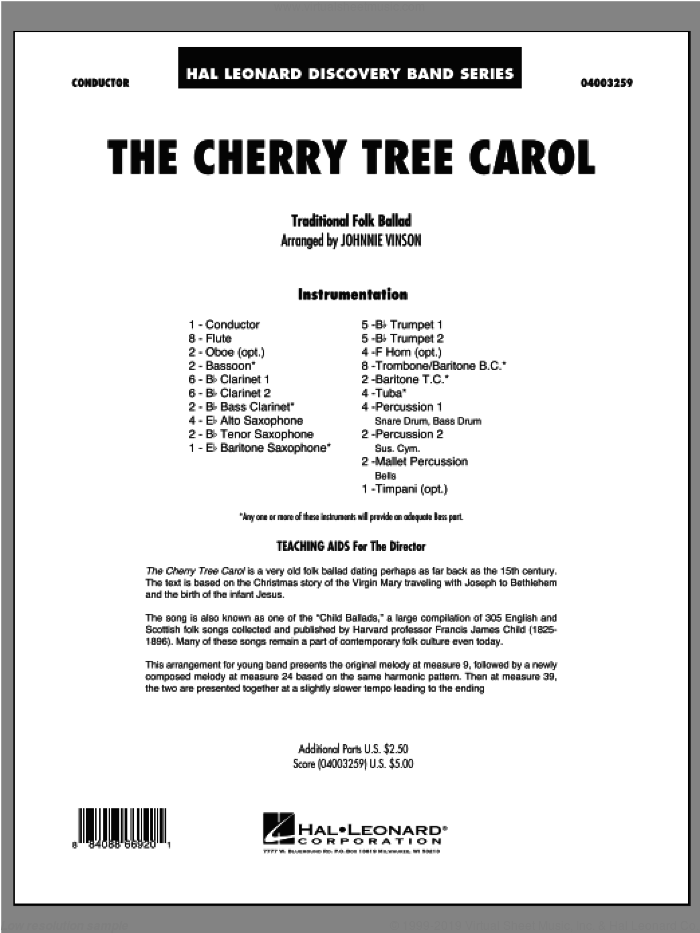 The Cherry Tree Carol (COMPLETE) sheet music for concert band by Johnnie Vinson, intermediate skill level