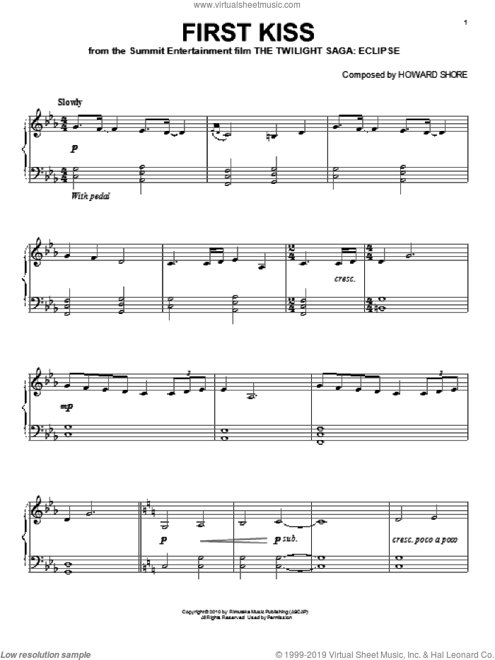 First Kiss sheet music for piano solo by Howard Shore and Twilight: Eclipse (Movie), intermediate skill level