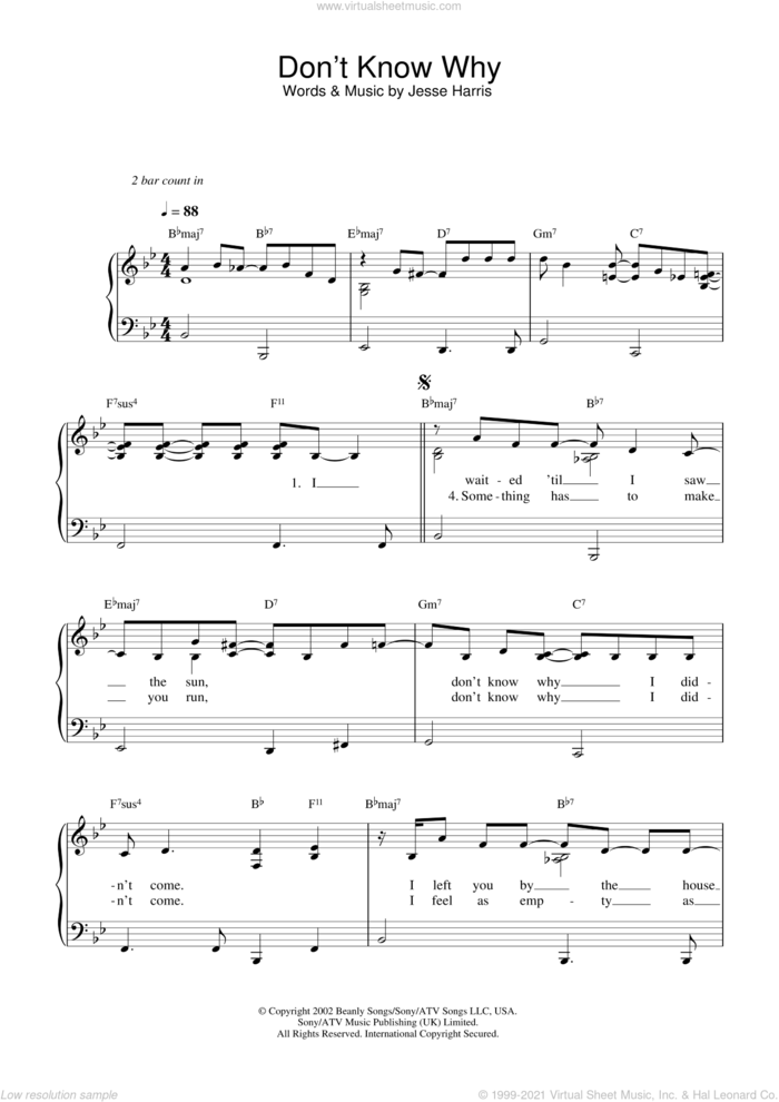 Don't Know Why sheet music for voice, piano or guitar by Norah Jones and Jesse Harris, intermediate skill level