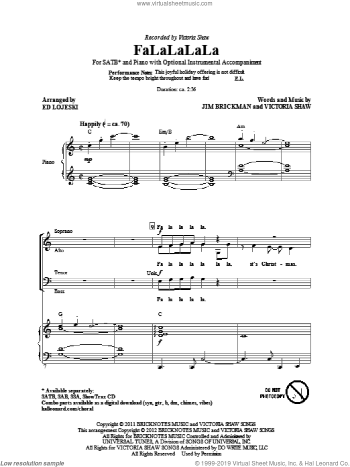 FaLaLaLaLa sheet music for choir (SATB: soprano, alto, tenor, bass) by Jim Brickman, Victoria Shaw and Ed Lojeski, intermediate skill level