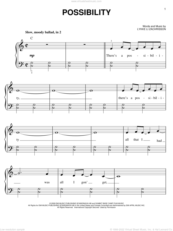 Possibility sheet music for piano solo by Lykke Li, Lykke Li Zachrisson and Twliight: New Moon (Movie), easy skill level