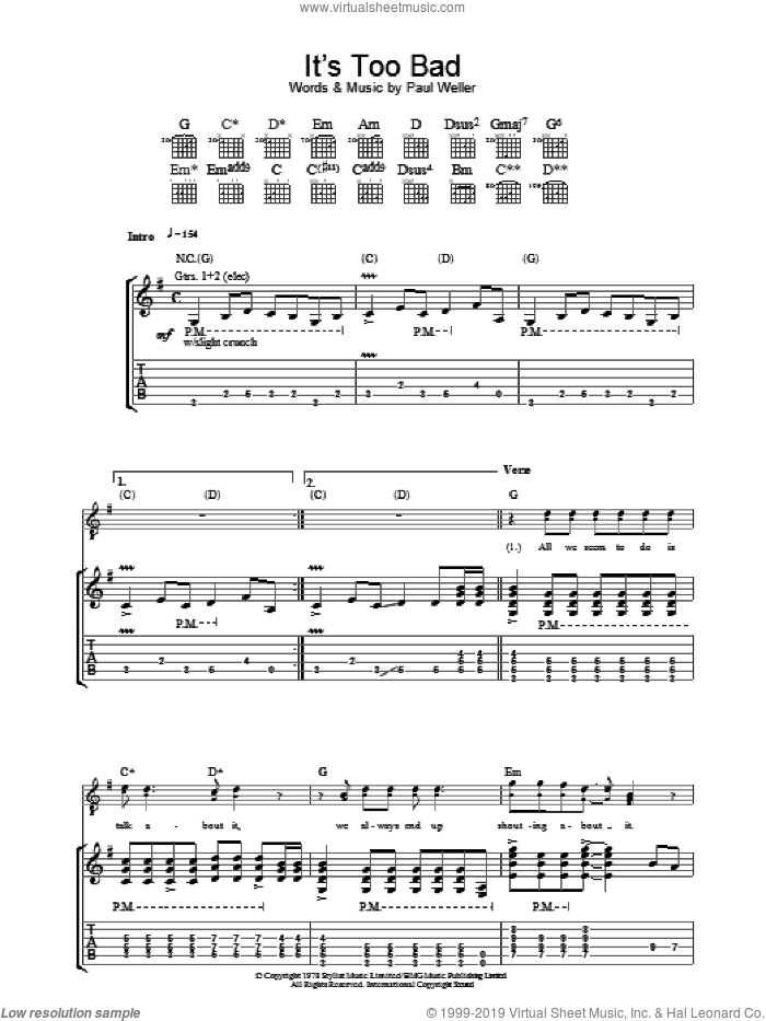 It's Too Bad sheet music for guitar (tablature) by The Jam and Paul Weller, intermediate skill level