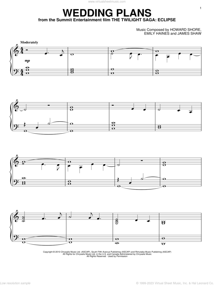 Wedding Plans sheet music for piano solo by Howard Shore, Emily Haines, James Shaw and Twilight: Eclipse (Movie), intermediate skill level