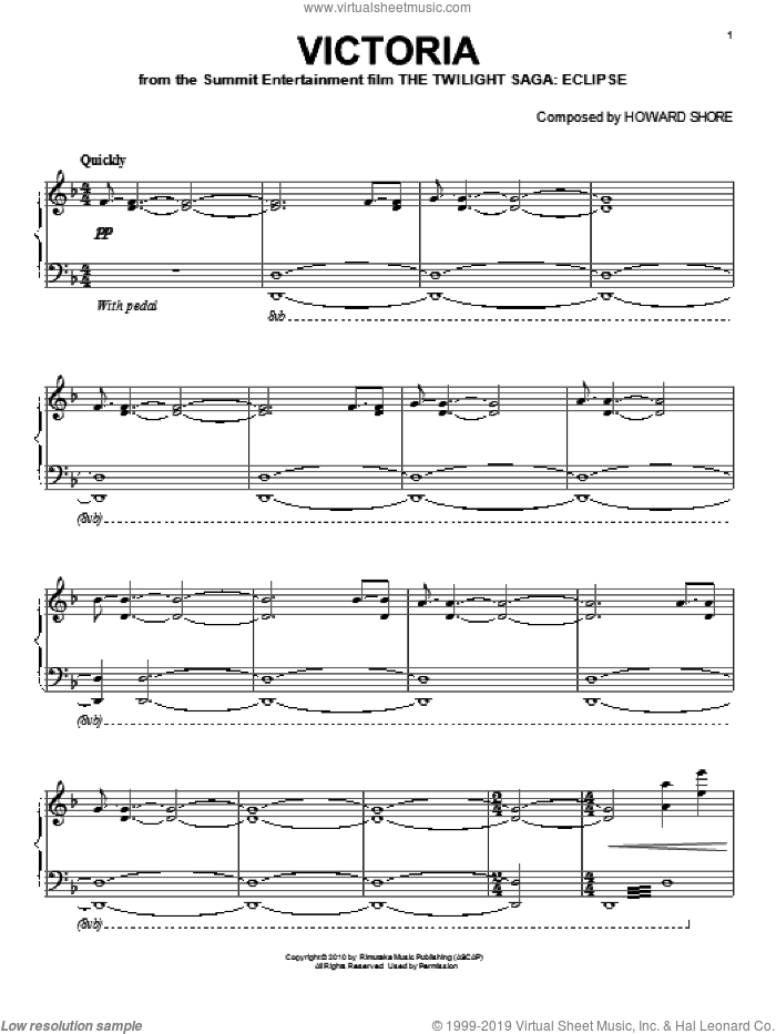 Victoria sheet music for piano solo by Howard Shore and Twilight: Eclipse (Movie), intermediate skill level