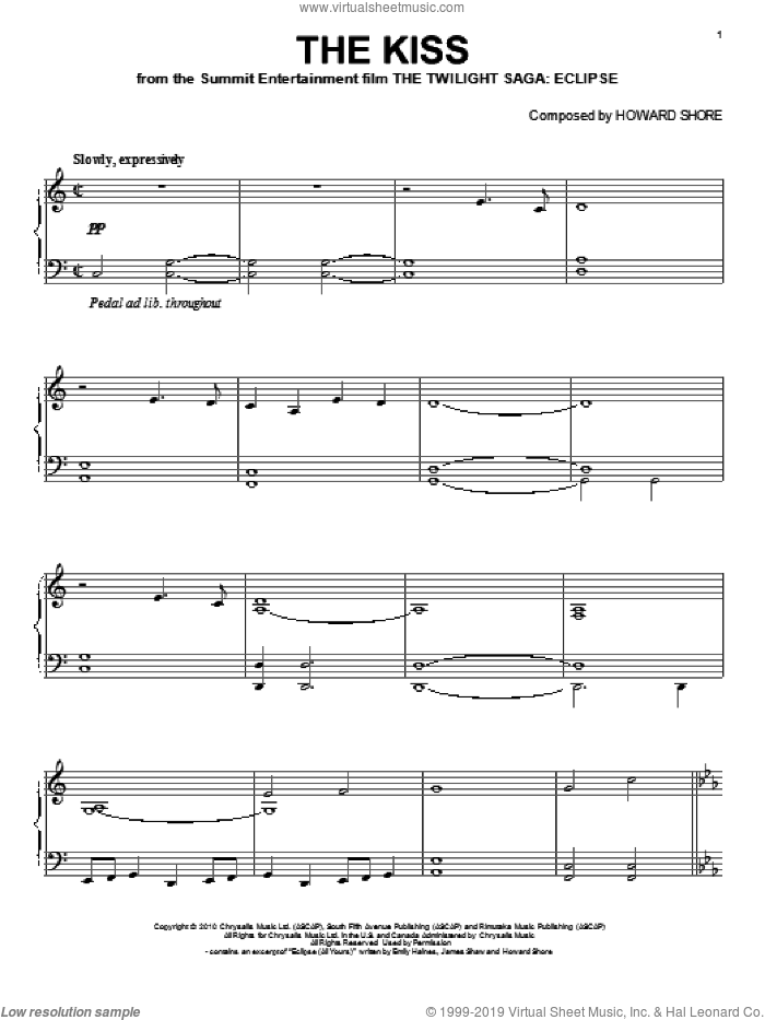 The Kiss, (intermediate) sheet music for piano solo by Howard Shore, Emily Haines, James Shaw and Twilight: Eclipse (Movie), intermediate skill level
