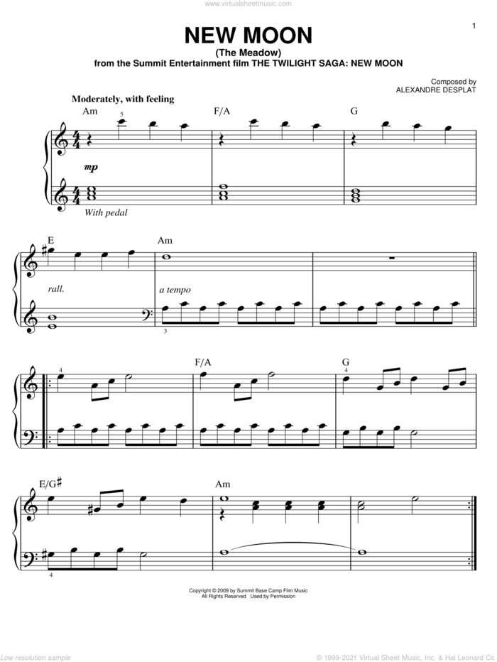 New Moon (The Meadow) sheet music for piano solo by Alexandre Desplat and Twliight: New Moon (Movie), easy skill level