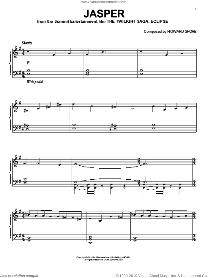 Jasper sheet music for piano solo by Howard Shore and Twilight: Eclipse (Movie), intermediate skill level