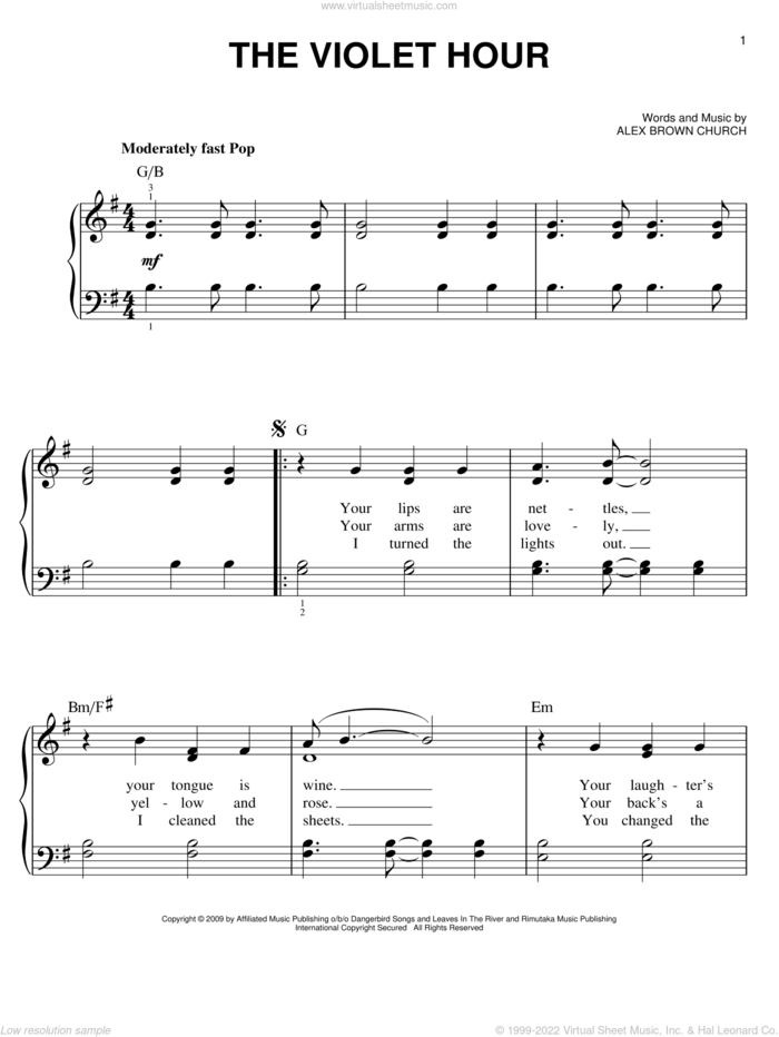 The Violet Hour sheet music for piano solo by Sea Wolf, Alex Brown Church and Twliight: New Moon (Movie), easy skill level