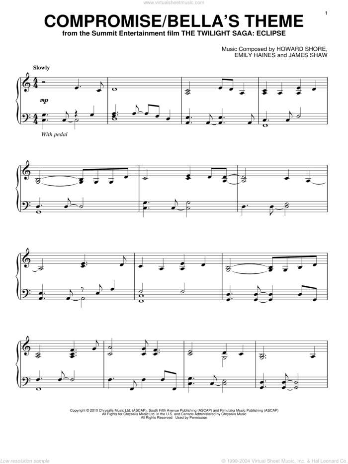 Compromise/Bella's Theme sheet music for piano solo by Howard Shore, Emily Haines, James Shaw and Twilight: Eclipse (Movie), intermediate skill level